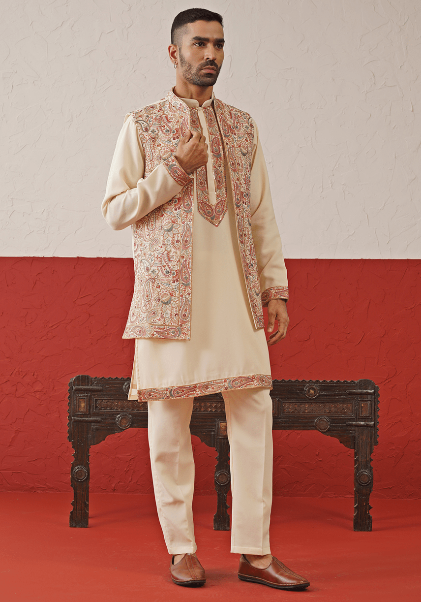 Cream Embroidered Kurta Set With Jacket Kalpraag - Fabilicious Fashion