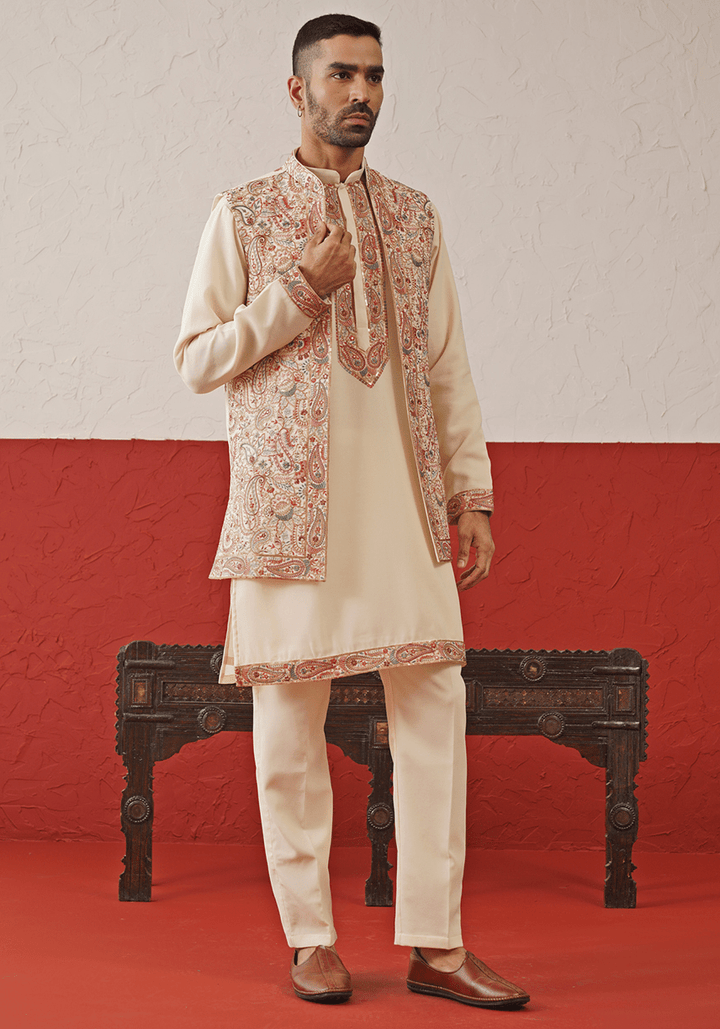 Cream Embroidered Kurta Set With Jacket Kalpraag - Fabilicious Fashion