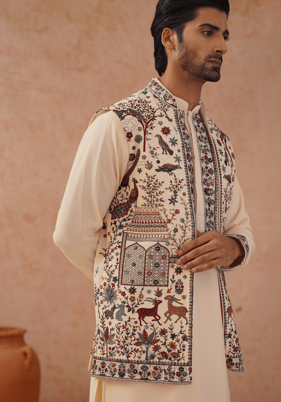Cream Embroidered Kurta Set With Jacket Kalpraag - Fabilicious Fashion