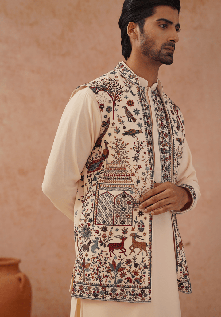 Cream Embroidered Kurta Set With Jacket Kalpraag - Fabilicious Fashion