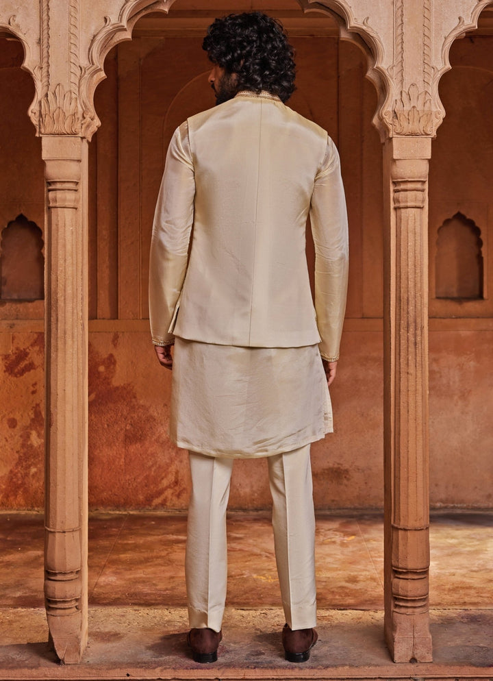 Cream Embroidered Nehru Jacket Set Contrast By Parth - Fabilicious Fashion
