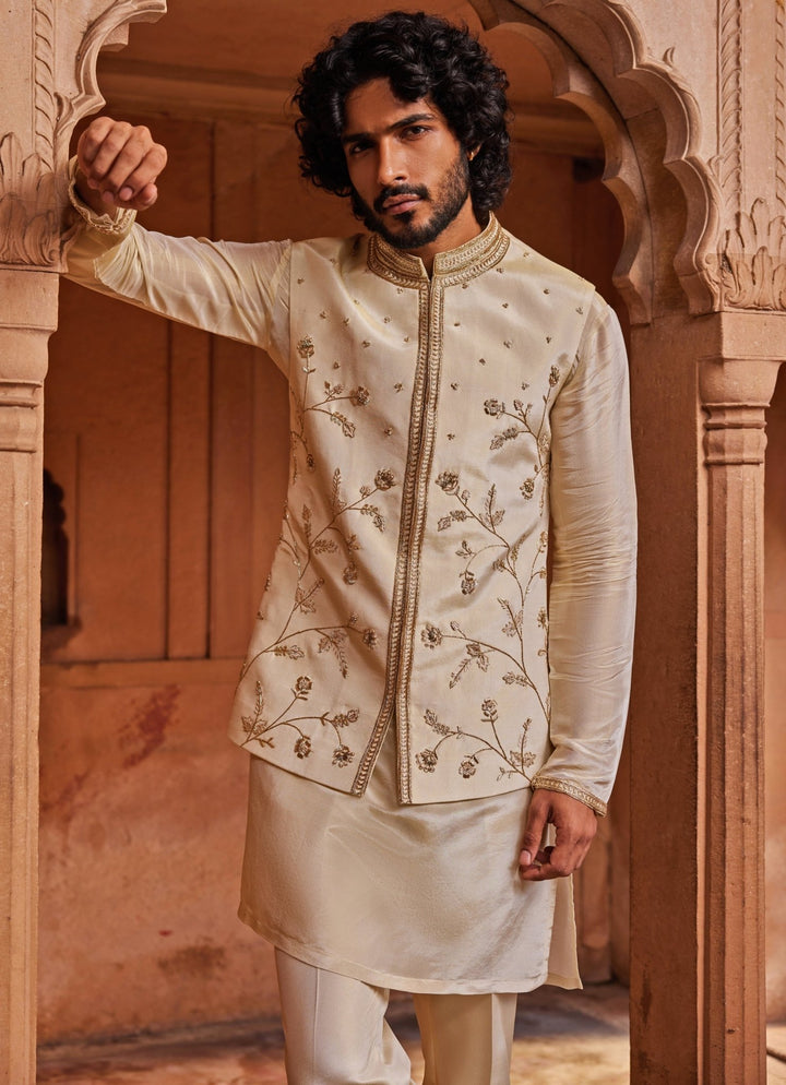 Cream Embroidered Nehru Jacket Set Contrast By Parth - Fabilicious Fashion