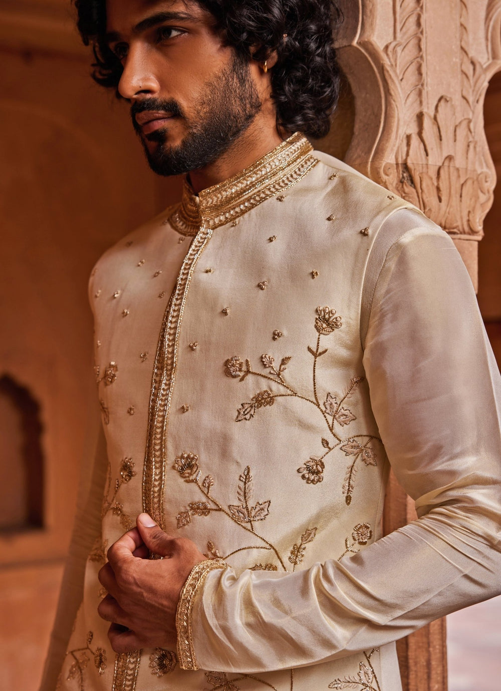 Cream Embroidered Nehru Jacket Set Contrast By Parth - Fabilicious Fashion