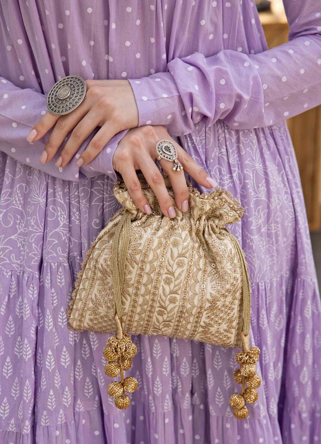 Cream Embroidered Potli AMYRA - Fabilicious Fashion