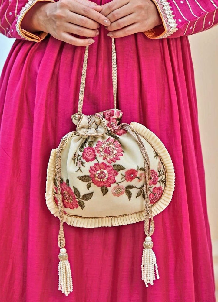 Cream Embroidered Potli AMYRA - Fabilicious Fashion