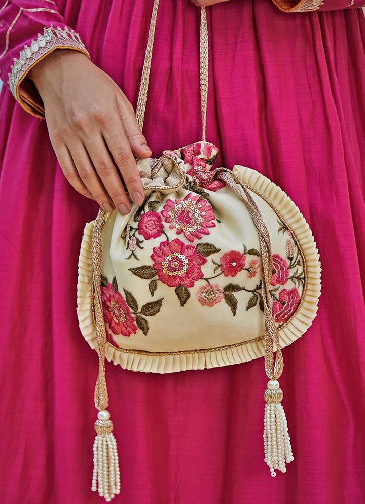 Cream Embroidered Potli AMYRA - Fabilicious Fashion