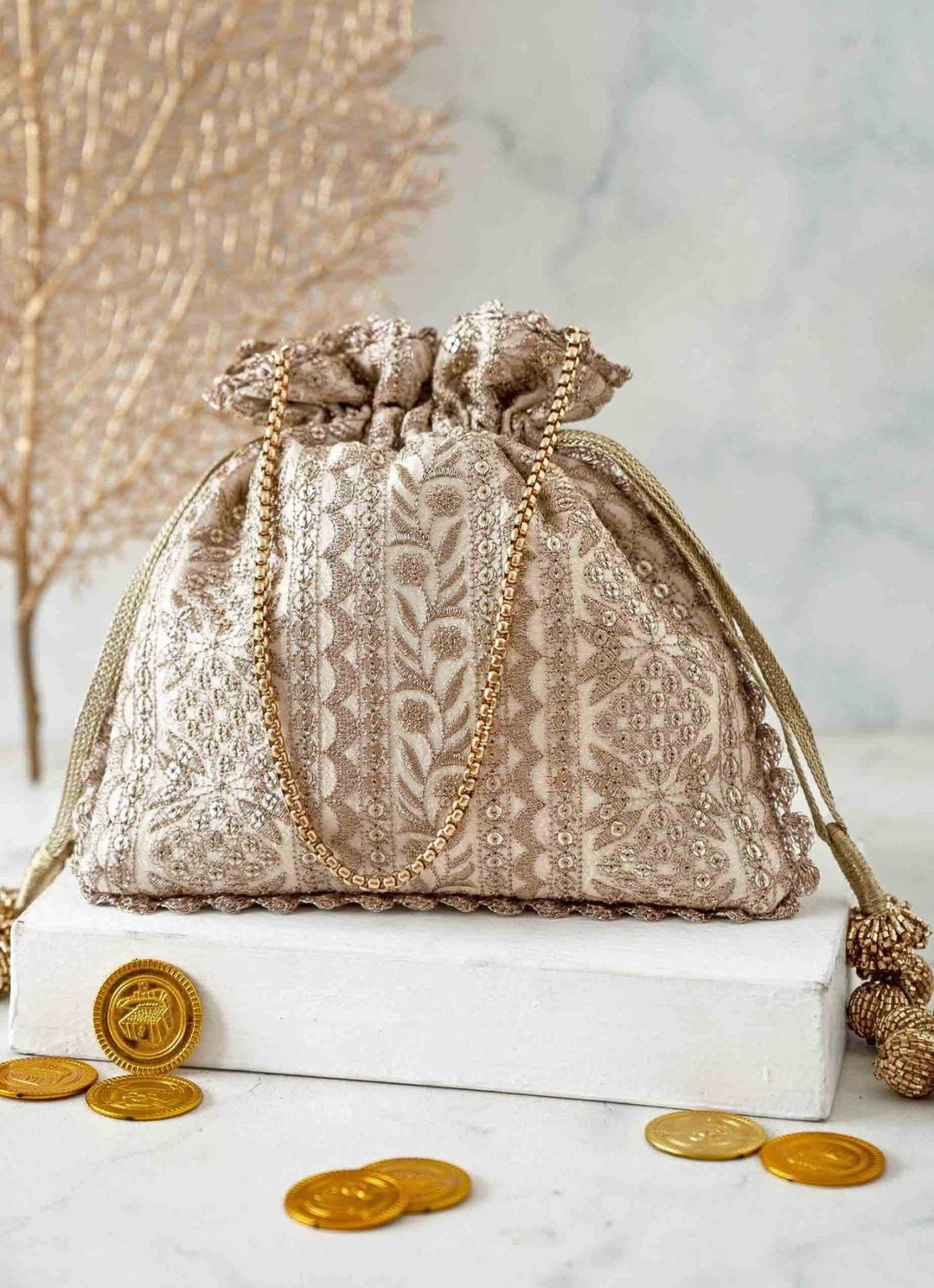 Cream Embroidered Potli AMYRA - Fabilicious Fashion