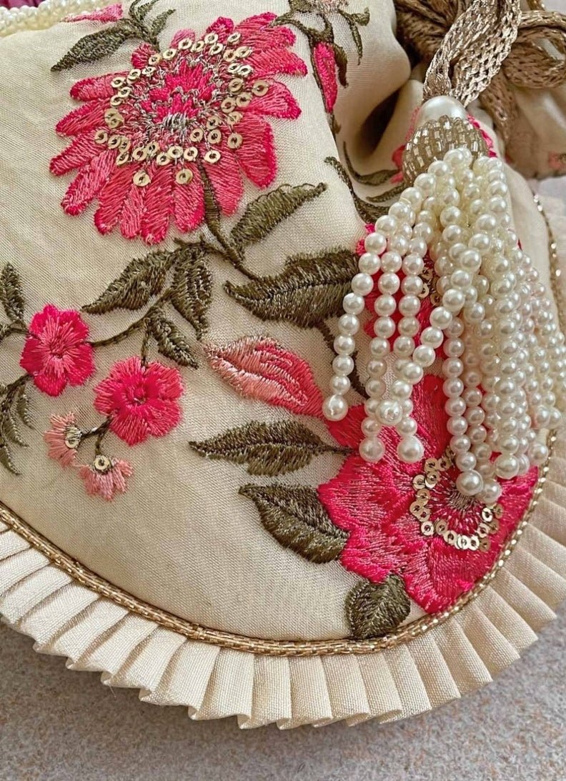 Cream Embroidered Potli AMYRA - Fabilicious Fashion