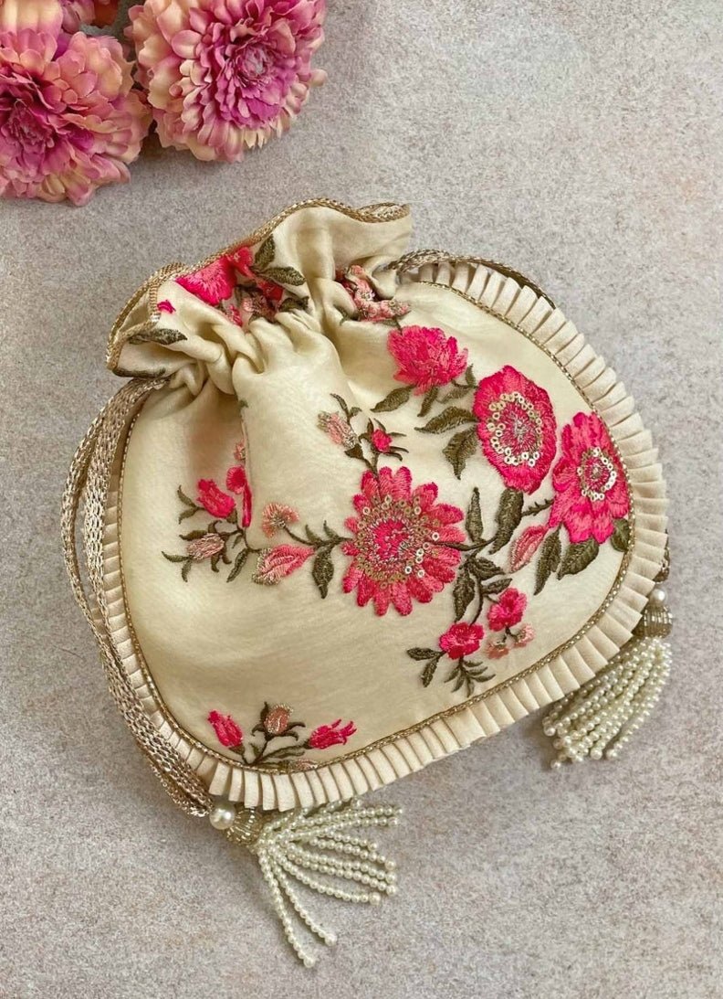 Cream Embroidered Potli AMYRA - Fabilicious Fashion