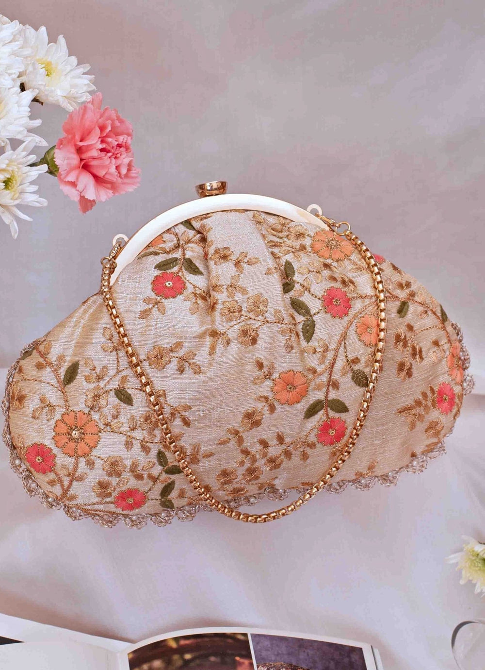 Cream Embroidered Vintage Purse AMYRA - Fabilicious Fashion