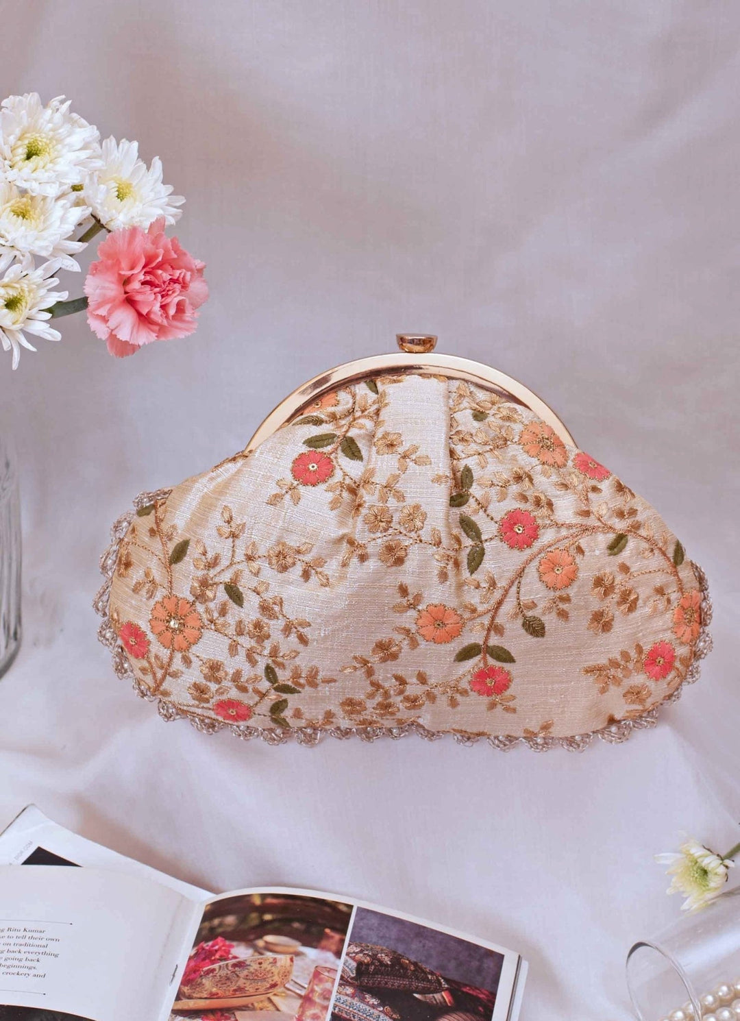 Cream Embroidered Vintage Purse AMYRA - Fabilicious Fashion