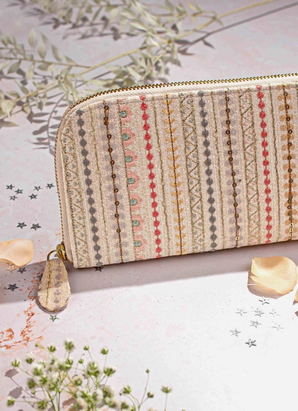 Cream Embroidered Zip Wallet AMYRA - Fabilicious Fashion