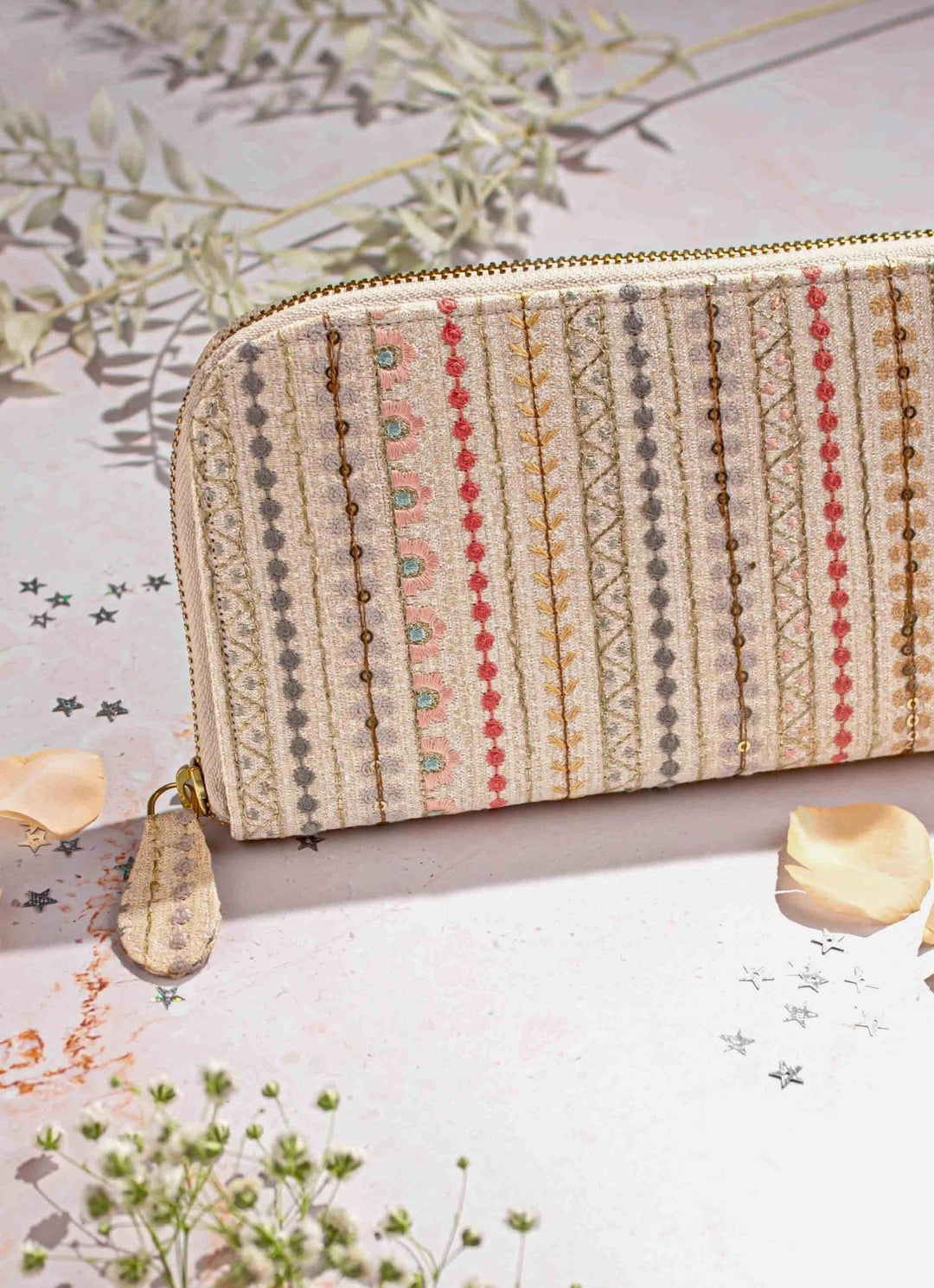 Cream Embroidered Zip Wallet AMYRA - Fabilicious Fashion