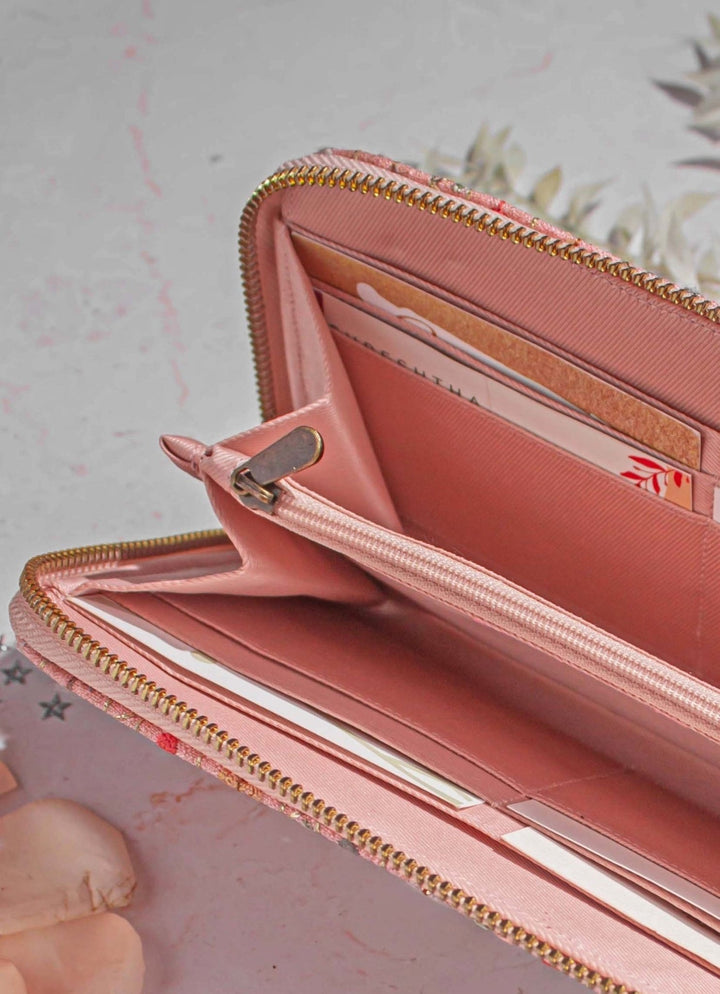 Cream Embroidered Zip Wallet AMYRA - Fabilicious Fashion