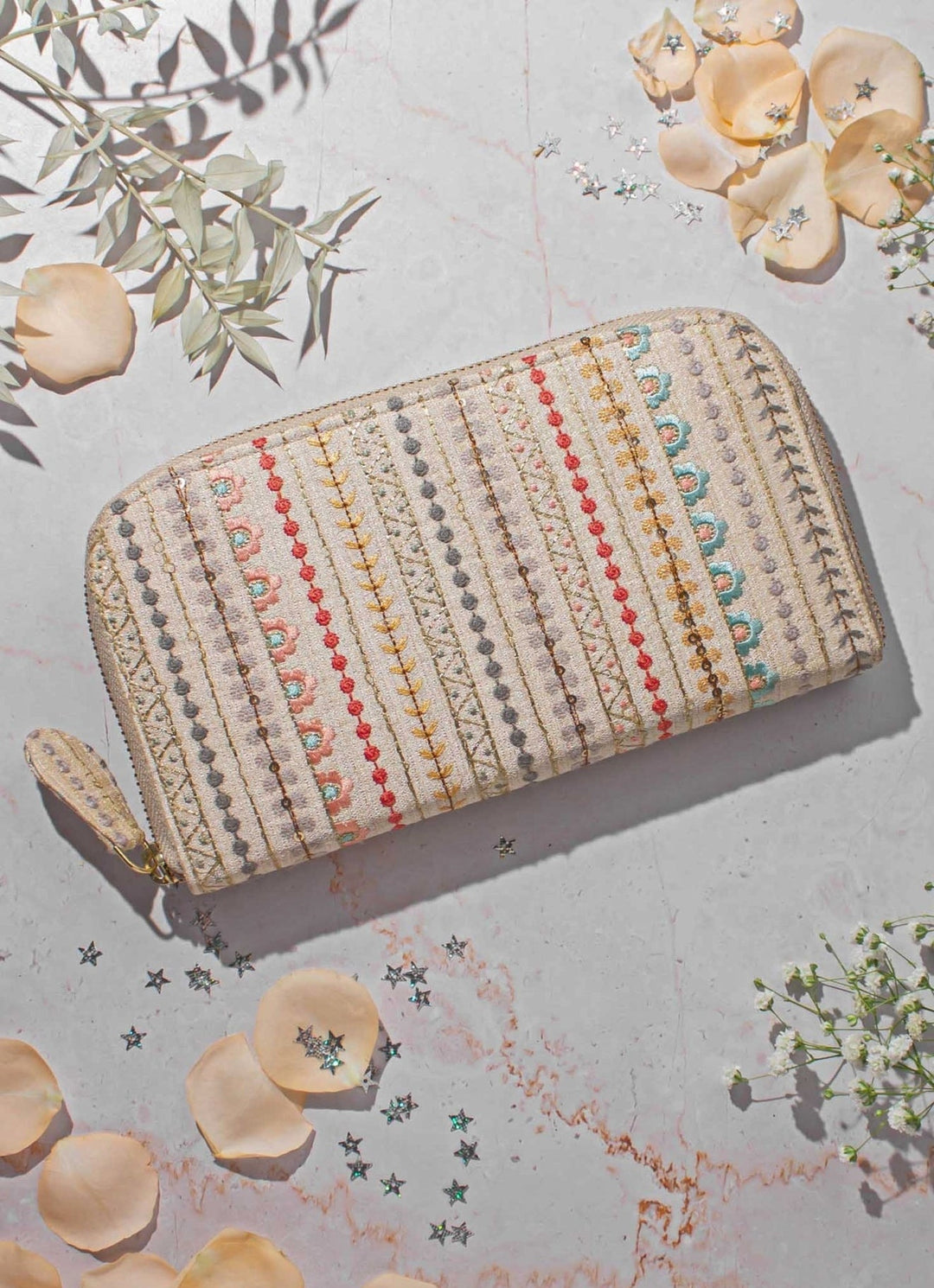 Cream Embroidered Zip Wallet AMYRA - Fabilicious Fashion