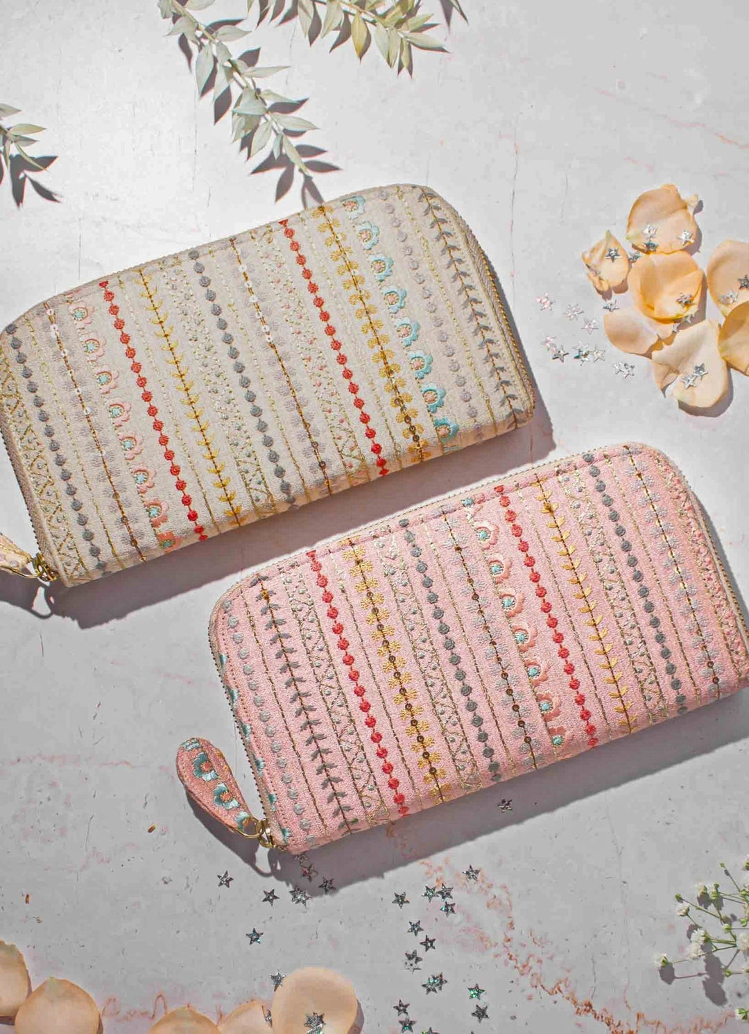Cream Embroidered Zip Wallet AMYRA - Fabilicious Fashion