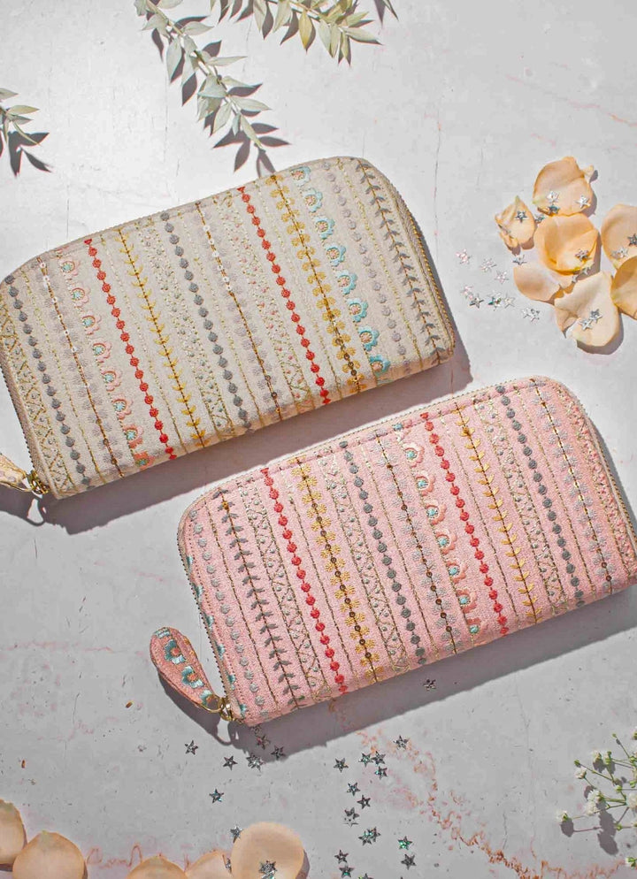Cream Embroidered Zip Wallet AMYRA - Fabilicious Fashion