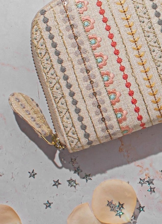 Cream Embroidered Zip Wallet AMYRA - Fabilicious Fashion