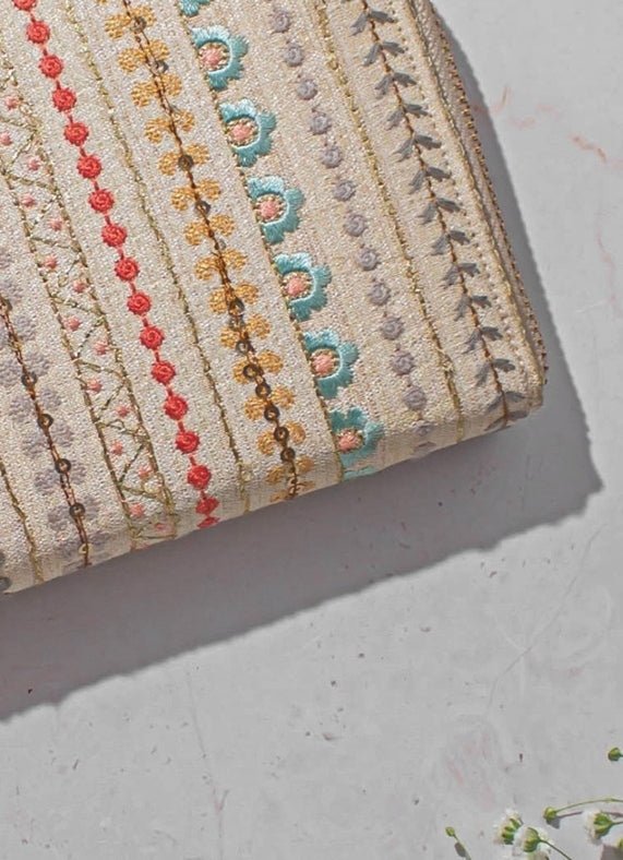 Cream Embroidered Zip Wallet AMYRA - Fabilicious Fashion