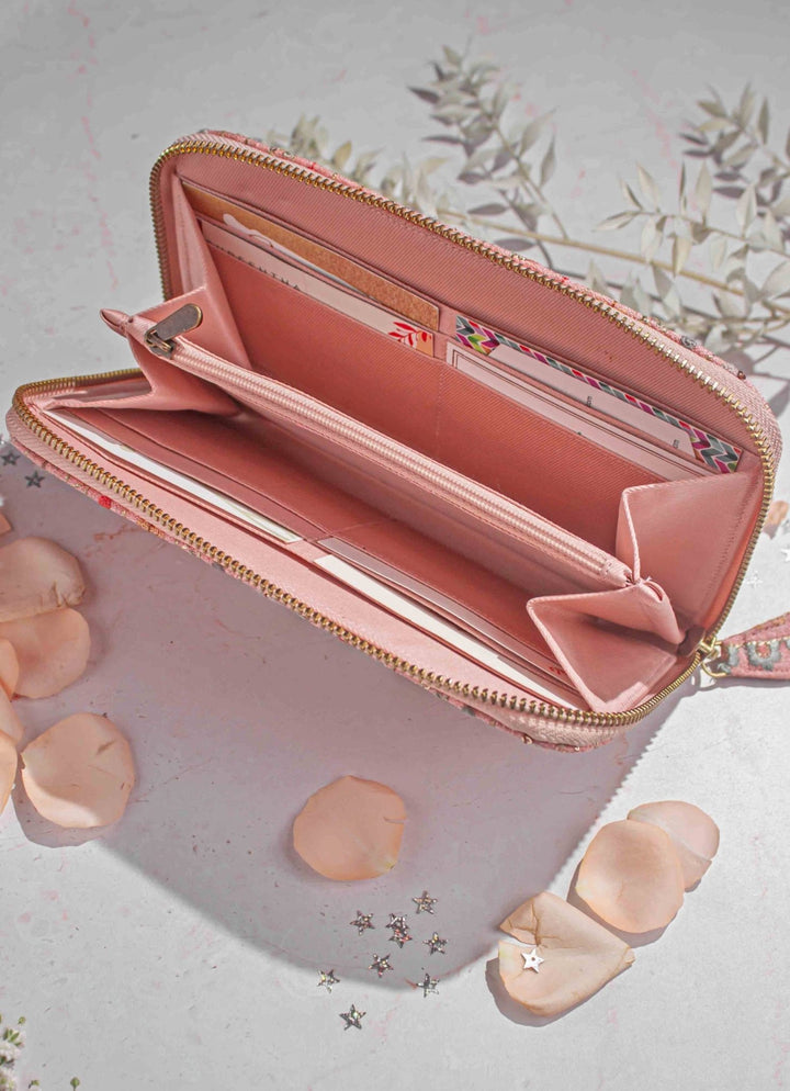 Cream Embroidered Zip Wallet AMYRA - Fabilicious Fashion