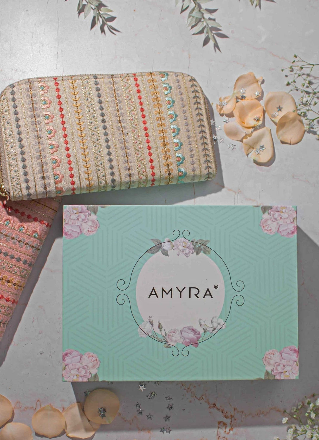 Cream Embroidered Zip Wallet AMYRA - Fabilicious Fashion