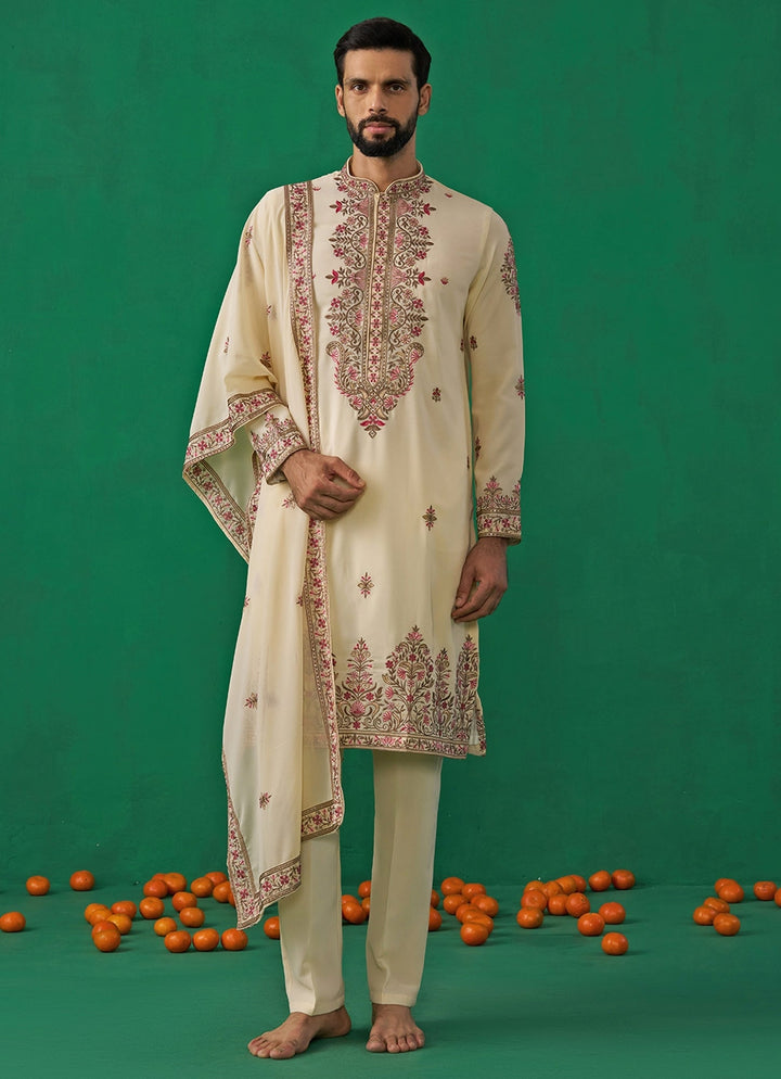 Cream Floral Embroidered Georgette Kurta Set Kalpraag - Fabilicious Fashion