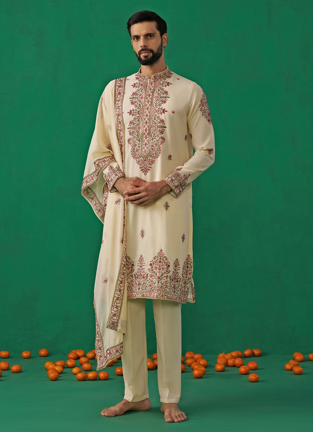 Cream Floral Embroidered Georgette Kurta Set Kalpraag - Fabilicious Fashion