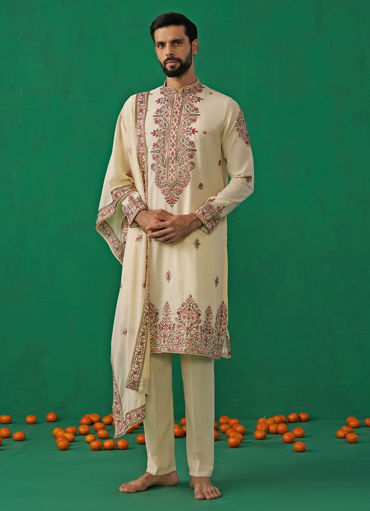 Cream Floral Embroidered Georgette Kurta Set Kalpraag - Fabilicious Fashion