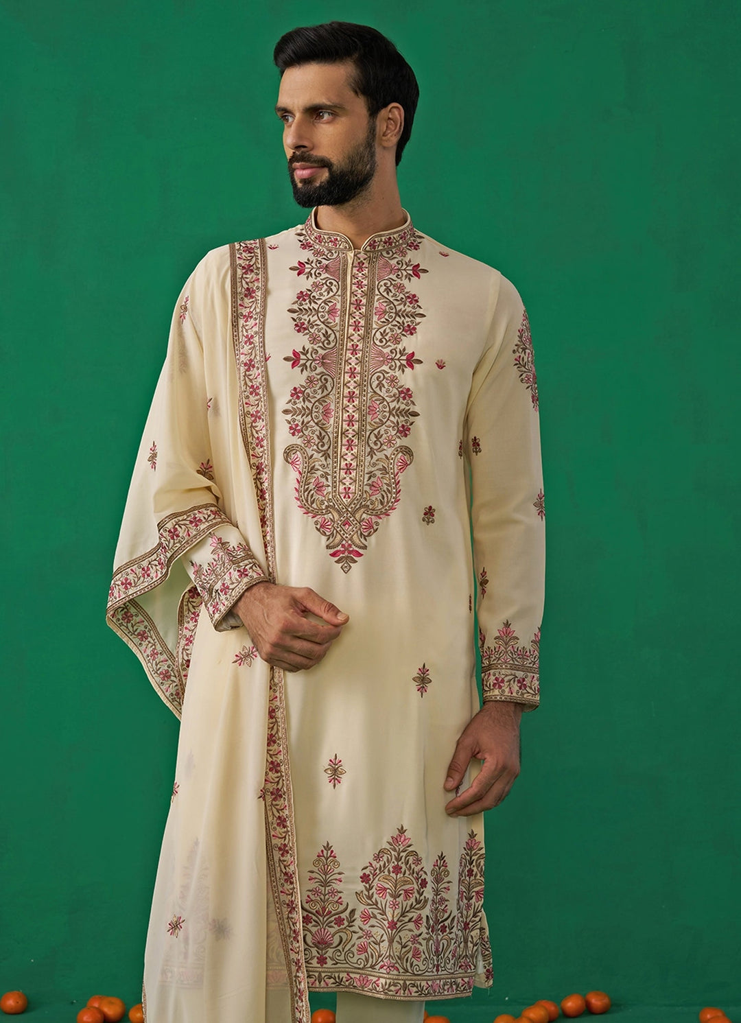 Cream Floral Embroidered Georgette Kurta Set Kalpraag - Fabilicious Fashion