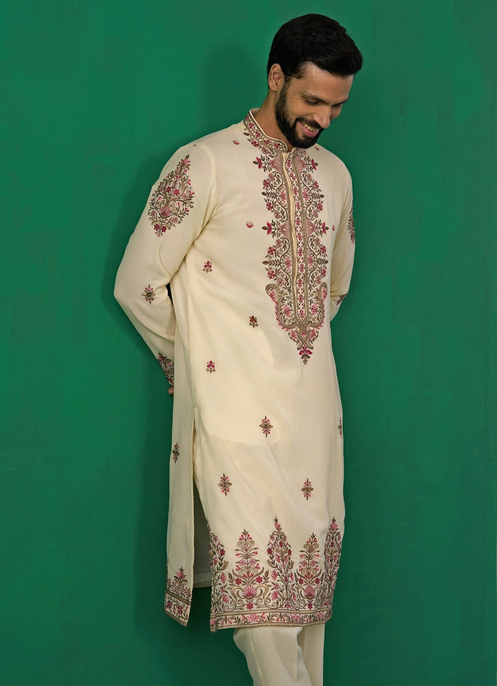 Cream Floral Embroidered Georgette Kurta Set Kalpraag - Fabilicious Fashion