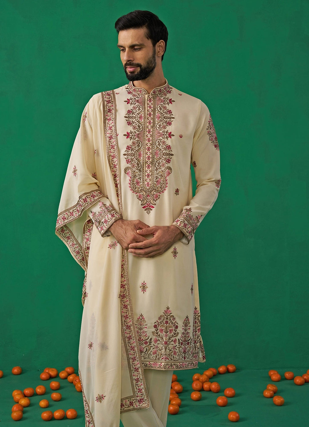 Cream Floral Embroidered Georgette Kurta Set Kalpraag - Fabilicious Fashion