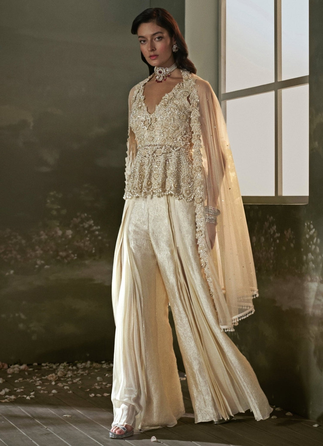 Cream Georgette Peplum Sharara Set Nitika Gujral - Fabilicious Fashion