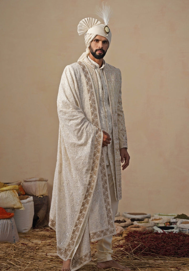 Cream Georgette Sherwani Set Kalpraag - Fabilicious Fashion