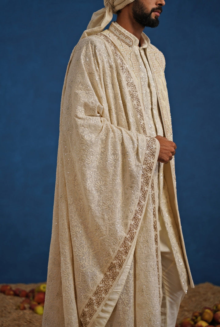 Cream Georgette Sherwani Set Kalpraag - Fabilicious Fashion