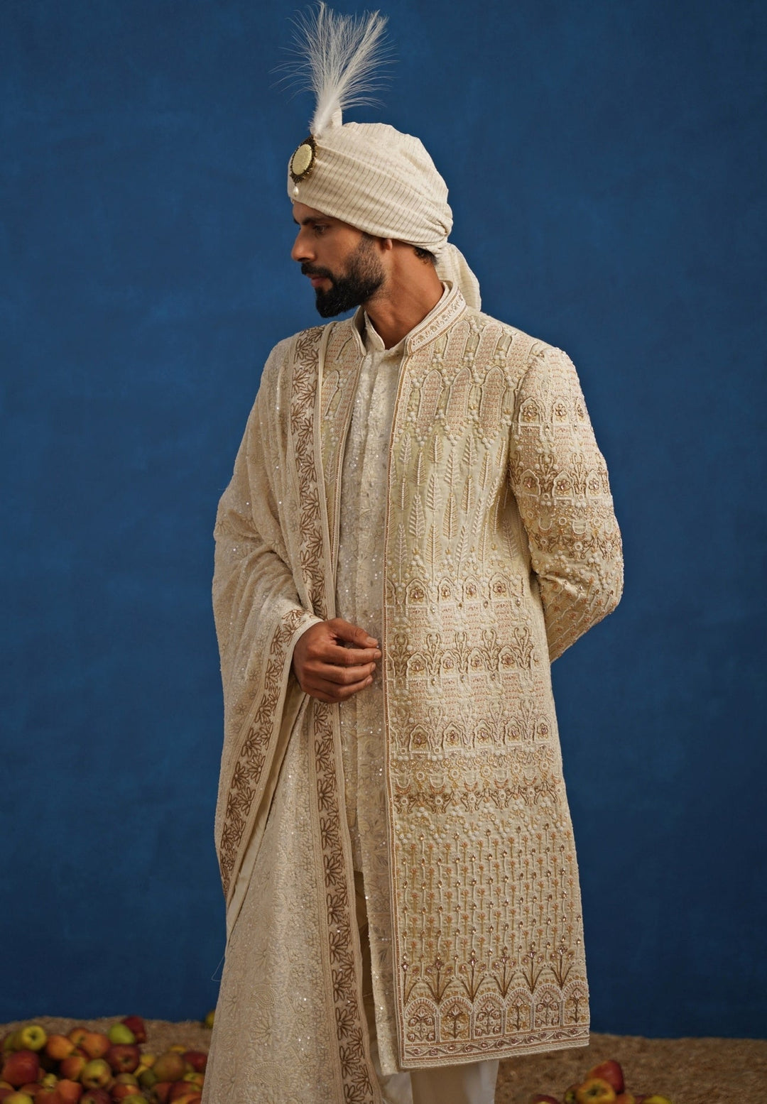 Cream Georgette Sherwani Set Kalpraag - Fabilicious Fashion