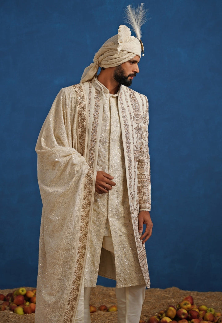 Cream Georgette Sherwani Set Kalpraag - Fabilicious Fashion