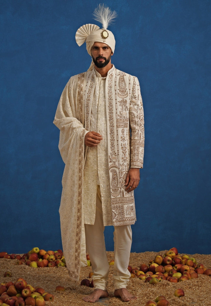 Cream Georgette Sherwani Set Kalpraag - Fabilicious Fashion