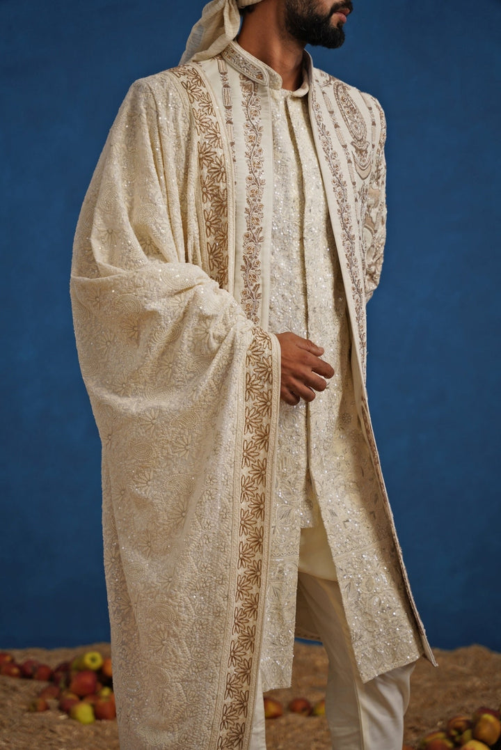 Cream Georgette Sherwani Set Kalpraag - Fabilicious Fashion
