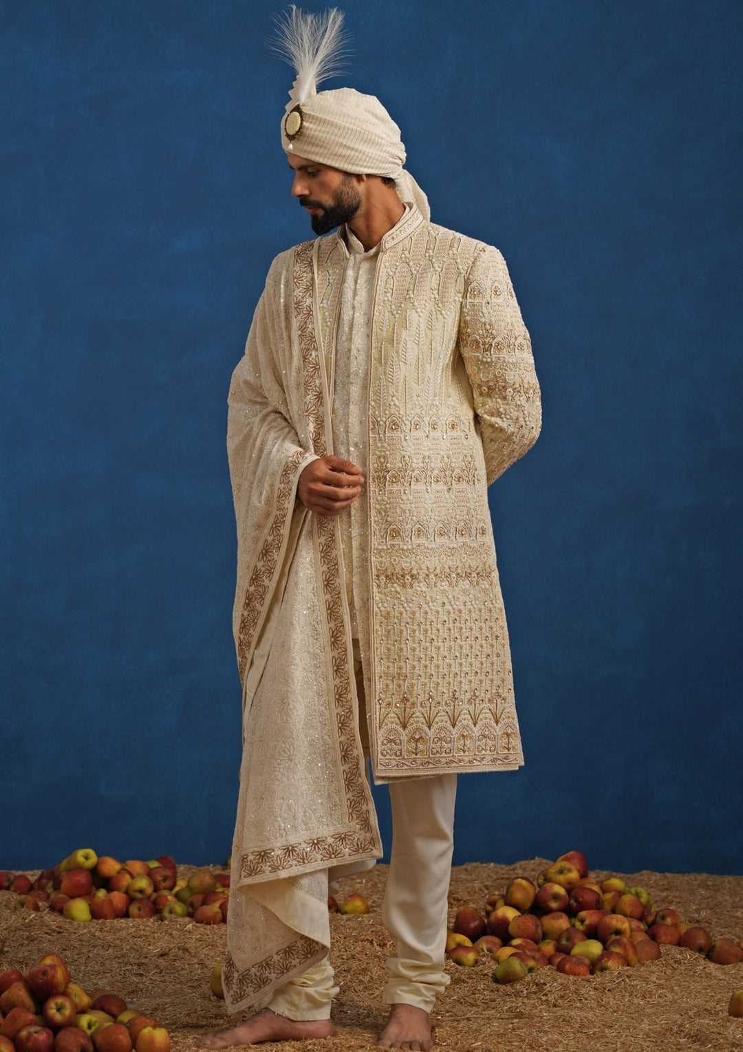 Cream Georgette Sherwani Set Kalpraag - Fabilicious Fashion