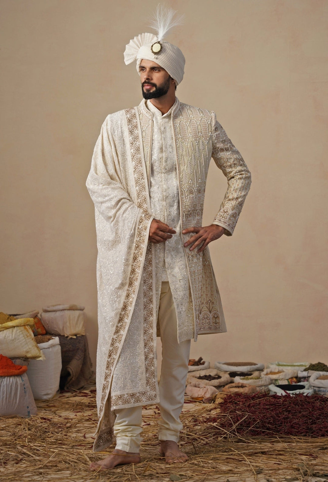 Cream Georgette Sherwani Set Kalpraag - Fabilicious Fashion