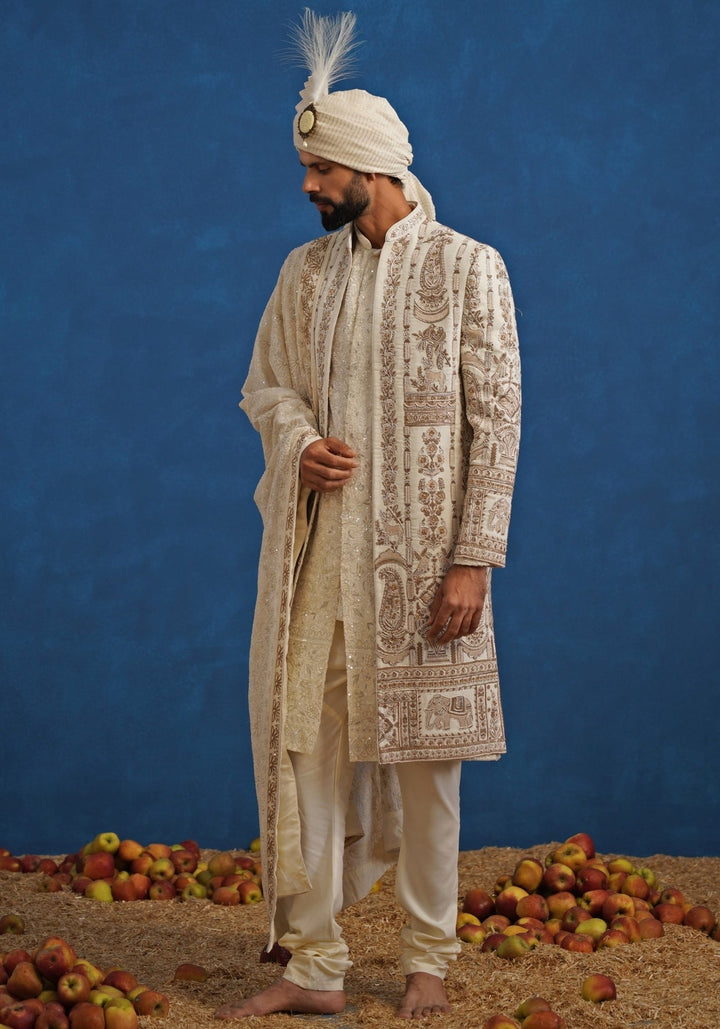 Cream Georgette Sherwani Set Kalpraag - Fabilicious Fashion