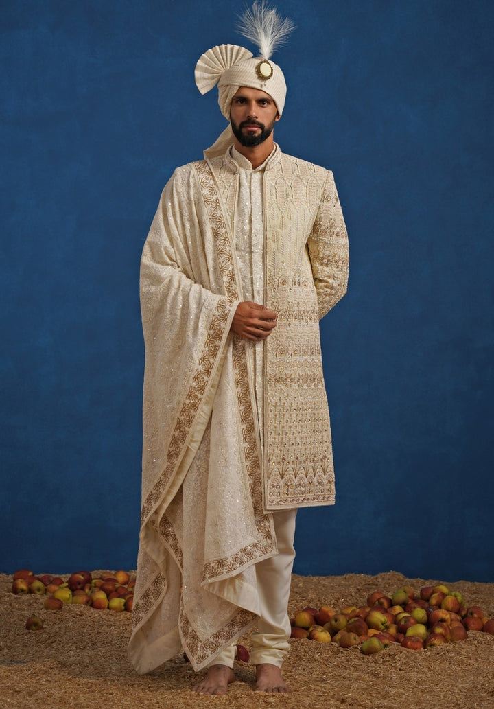 Cream Georgette Sherwani Set Kalpraag - Fabilicious Fashion