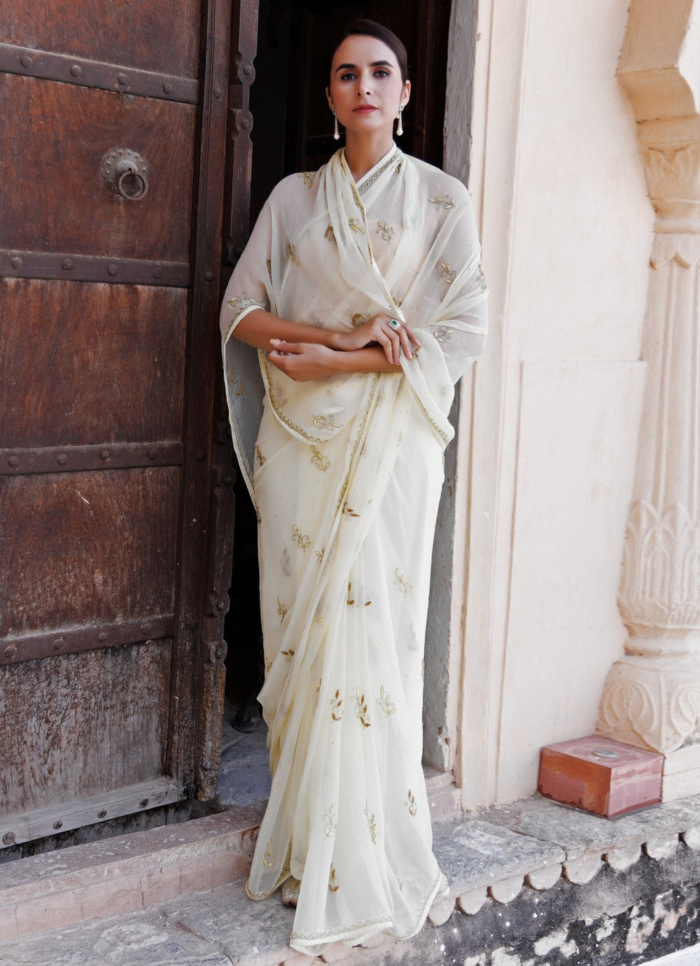 Cream Hand Embroidered Chiffon Saree Geroo Jaipur - Fabilicious Fashion
