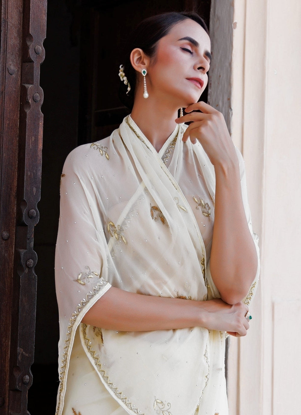 Cream Hand Embroidered Chiffon Saree Geroo Jaipur - Fabilicious Fashion