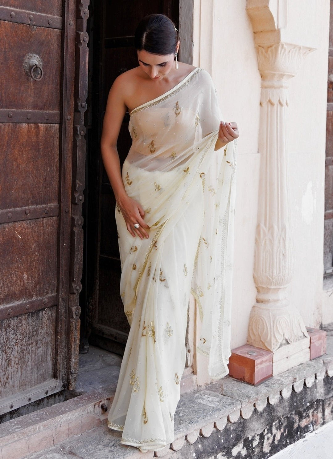 Cream Hand Embroidered Chiffon Saree Geroo Jaipur - Fabilicious Fashion