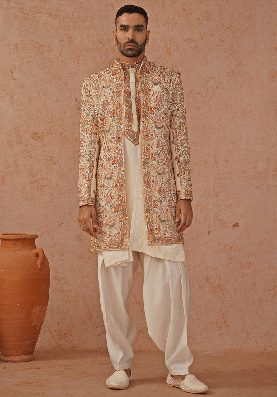 Cream Indo Western Kurta Set With Jacket Kalpraag - Fabilicious Fashion