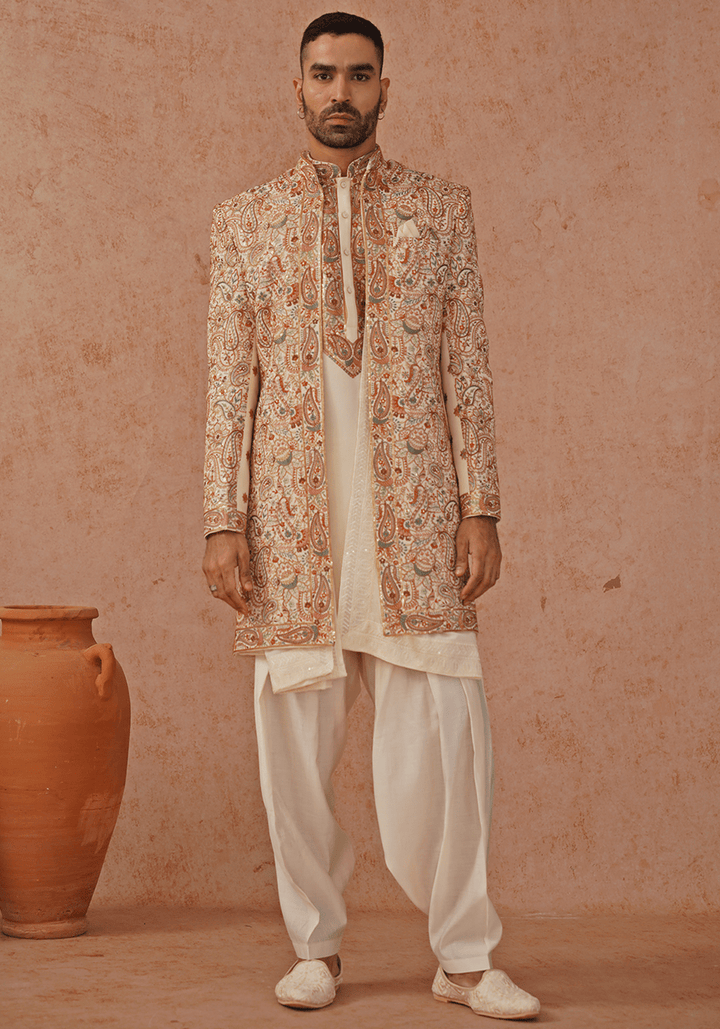 Cream Indo Western Kurta Set With Jacket Kalpraag - Fabilicious Fashion