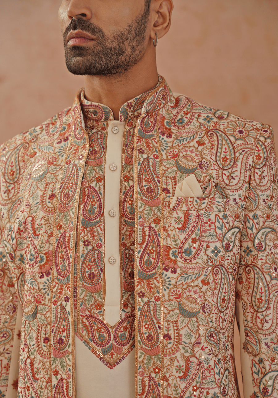 Cream Indo Western Kurta Set With Jacket Kalpraag - Fabilicious Fashion