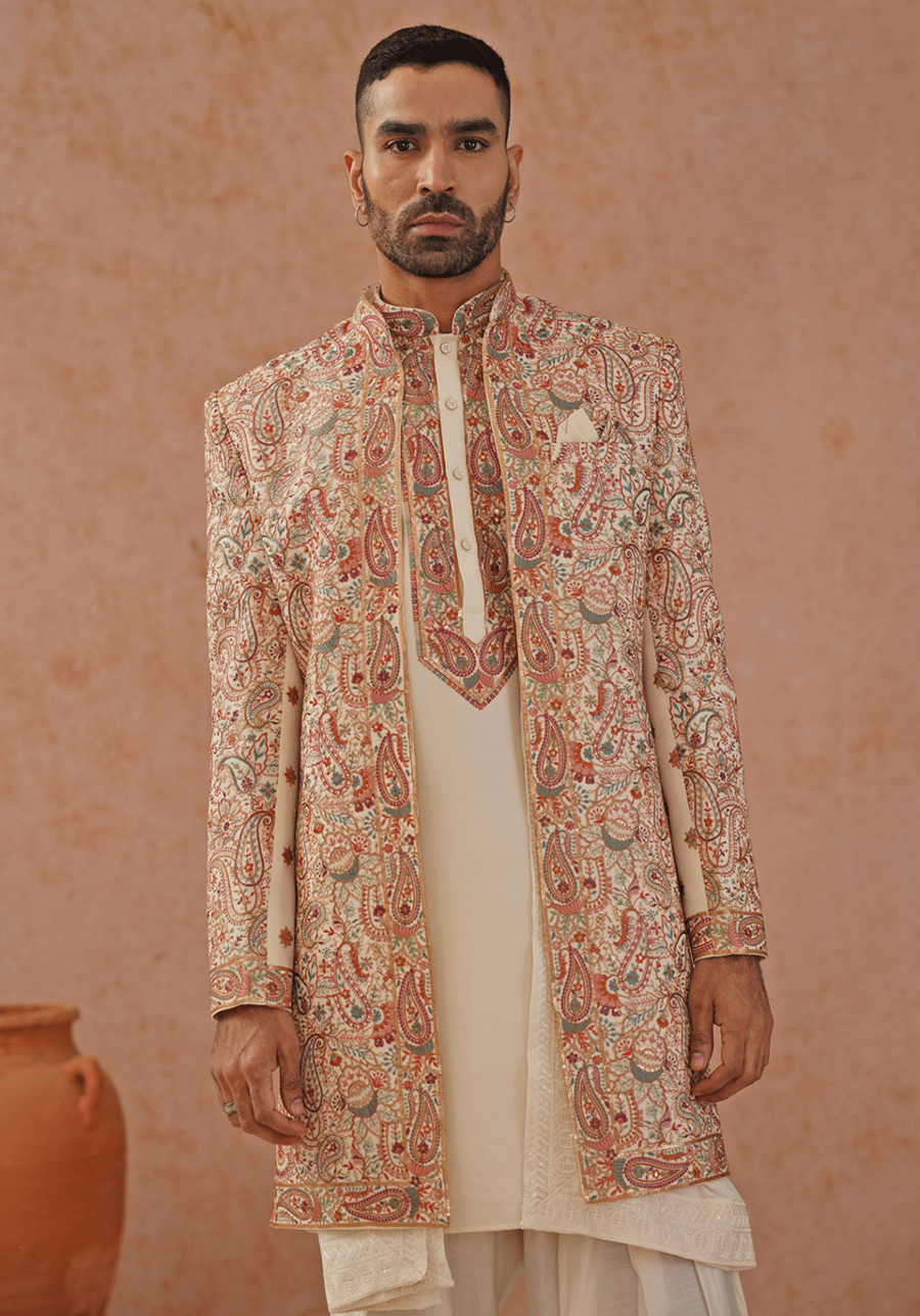 Cream Indo Western Kurta Set With Jacket Kalpraag - Fabilicious Fashion