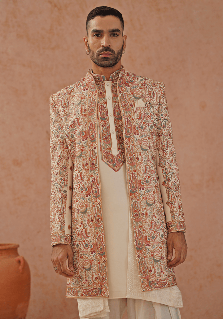 Cream Indo Western Kurta Set With Jacket Kalpraag - Fabilicious Fashion